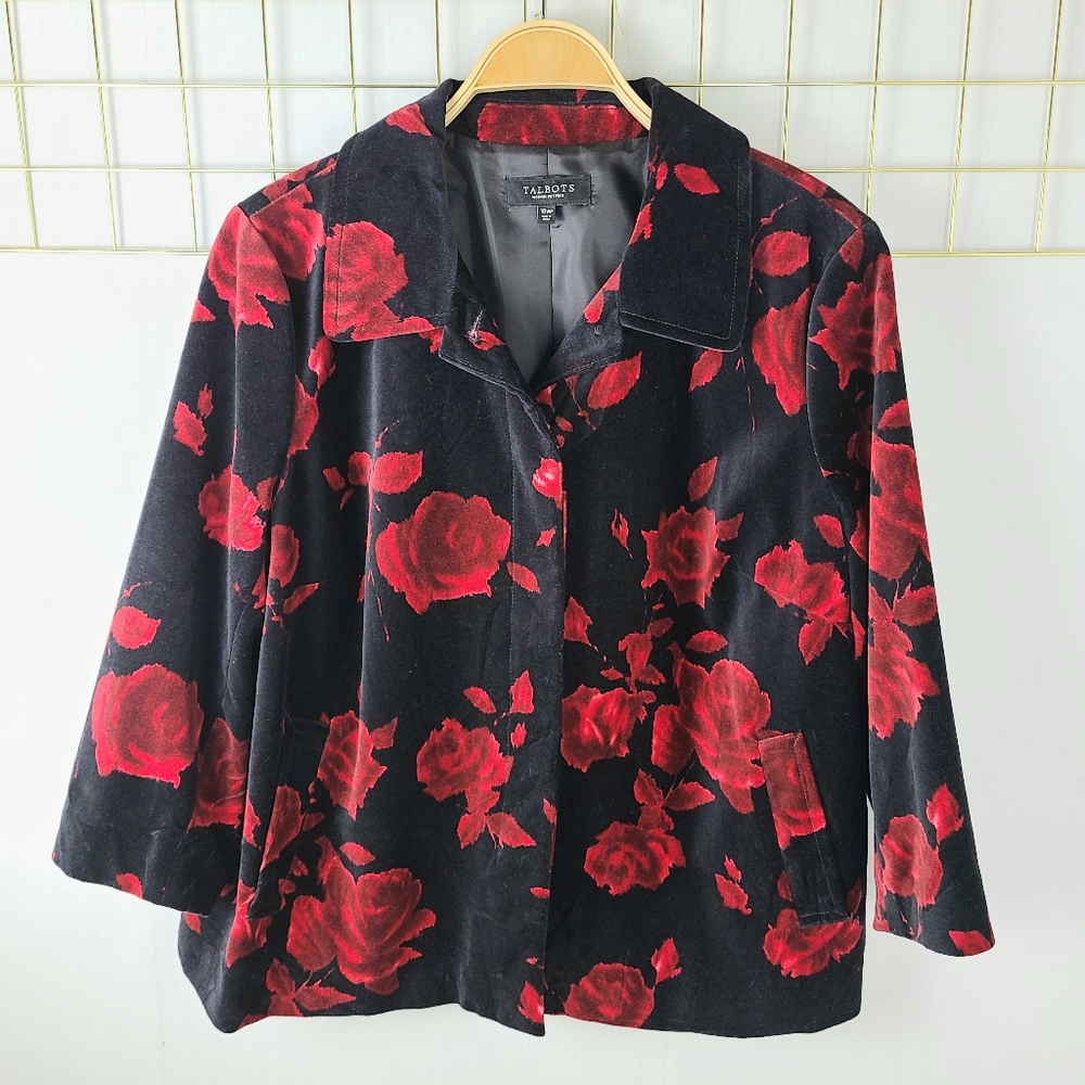 Talbots Velvet Black Red Roses Floral Blazer